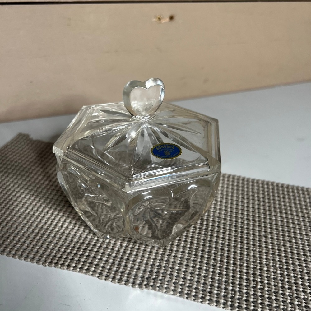 Bohemia Crystal Hexagon Trinket Box Heart Finial Czech Republic Lead Crystal